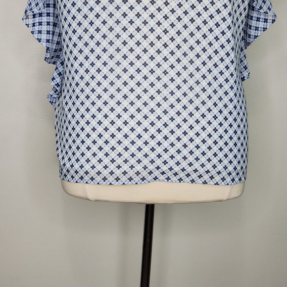 Roz & Ali Blue White Flutter Sleeve Ruffle Side Button Up Top Blouse NEW Size XL - Picture 9 of 15